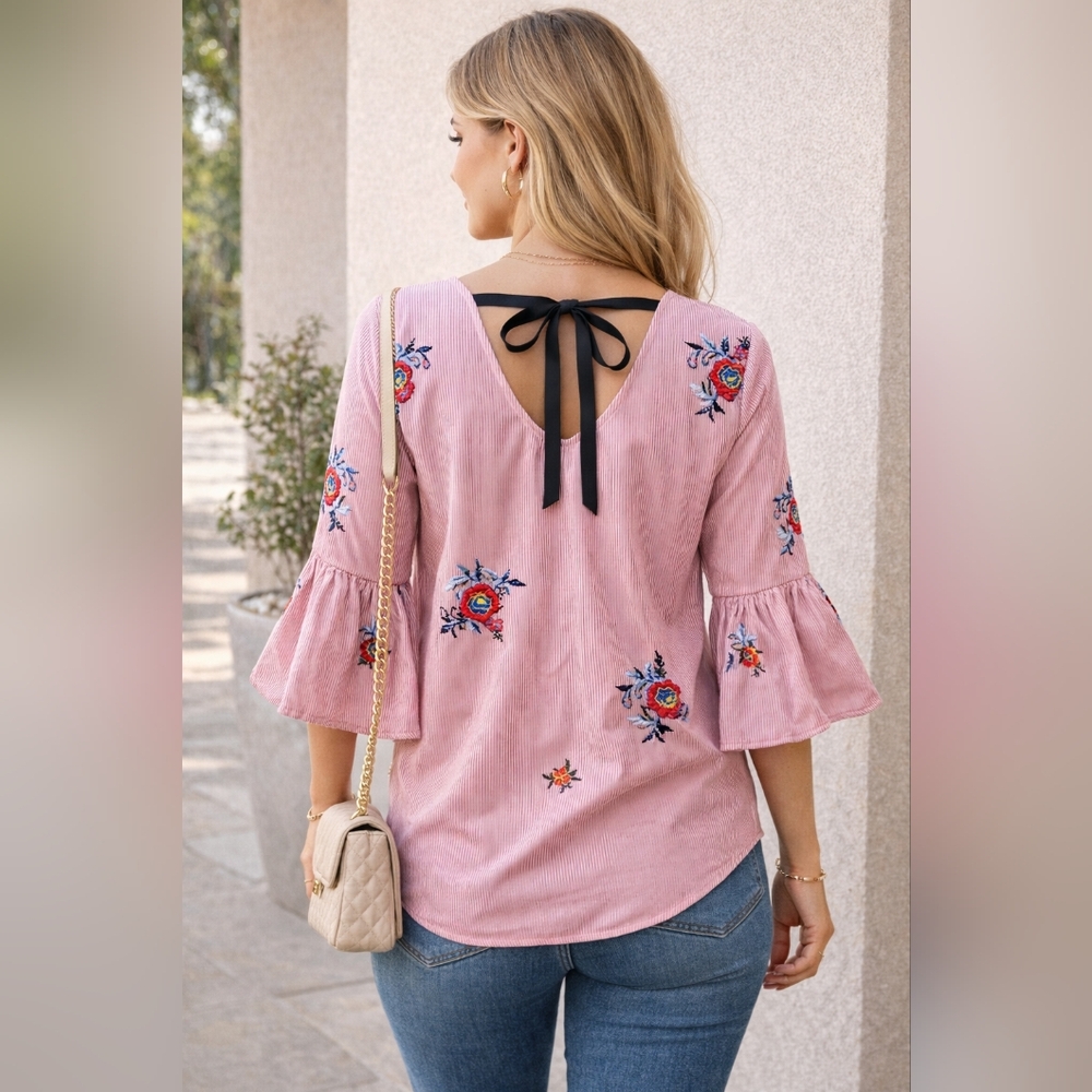 Nine West Blouse Small White Striped Embroidered Bell Sleeve Tie Back Prairie - Picture 1 of 14